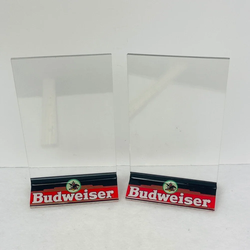 Vintage Budweiser Acrylic Table Tent Sign Holder Pair Clear Bar Menu Display 8in